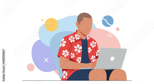 Man working on laptop, vector illustration. Perfect for websites, blogs, and presentations about remote work, freelancing, or digital nomadism.