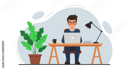 Man working on laptop at home office, perfect for blog posts or website banners.