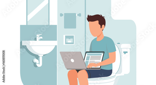Illustration of a person working on a laptop while sitting on a toilet - perfect for articles about work-life balance or remote work.
