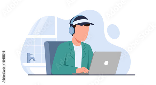 Man working on laptop from home, wearing headphones. Perfect for blog posts, websites or presentations about remote work.