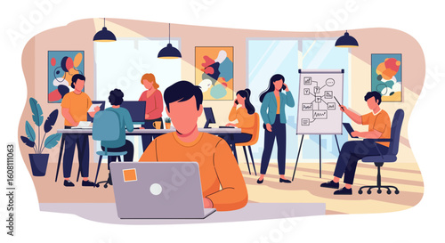 Busy office workers collaborating on projects, perfect for website banners or presentations.