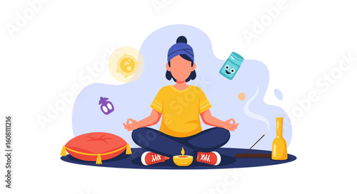 Person meditating, mindfulness, yoga, wellness, serenity, calm, peace, relaxation, illustration for website or app