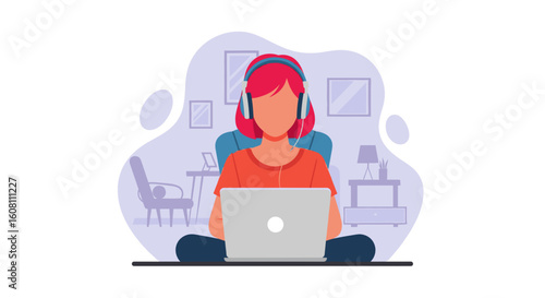 Woman working from home on laptop, wearing headphones. Ideal for blogs, websites, and articles about remote work.