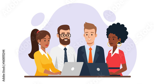 Diverse business team collaborating on laptops, perfect for websites or presentations showcasing teamwork and diversity.