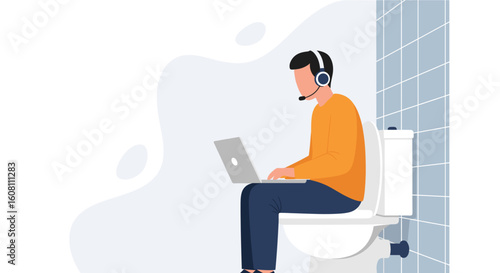 Humorous illustration of a person working on a laptop while sitting on a toilet, perfect for articles about work-life balance or remote work.