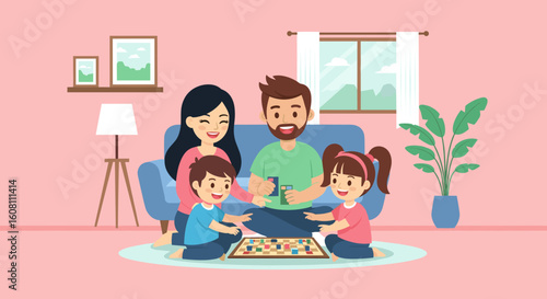 Happy family playing board games at home - perfect for family blogs, websites, and parenting publications.