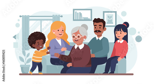 Happy multigenerational family sitting together at home, perfect for family, togetherness, and generational themes.