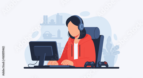 Woman playing video games on PC, perfect for articles about gaming, esports, or online entertainment.