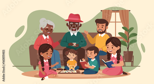 Happy multigenerational family playing games and reading together at home. Perfect for family, togetherness, and home concepts.