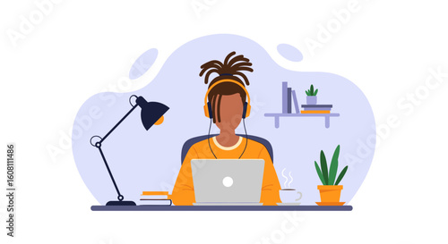 Person with headphones working on laptop, perfect for blogs, websites, and presentations about remote work.