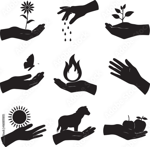 Hands holding nature elements flower plant