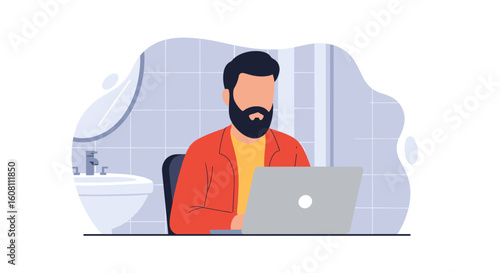 Man working on laptop in modern bathroom - perfect for blog post about remote work or work-life balance.