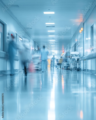 Blurred background of a hospital interior with medical equipment and people in motion Blurred scene in a busy hospital corridor.