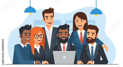 Diverse business team collaborating on a laptop, ideal for website banners and presentations.