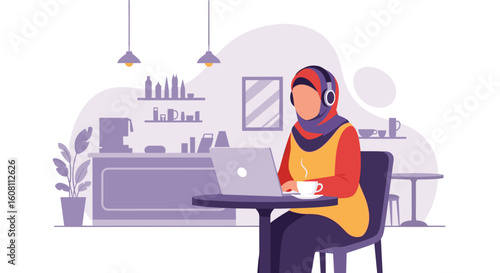 Woman in hijab working on laptop in cafe, perfect for blogs about remote work or female entrepreneurship.