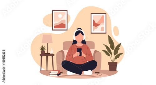 Woman relaxing at home with headphones and smartphone, perfect for blog posts about relaxation or mindfulness.