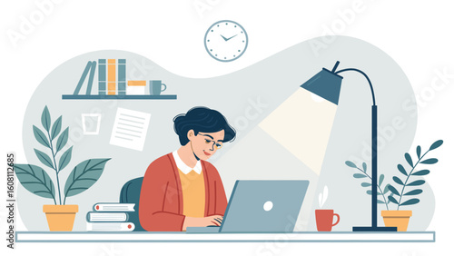 Woman working on laptop at home office, perfect for blog posts about remote work or productivity.