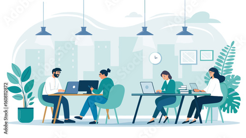 Teamwork in a modern office: Illustration of colleagues collaborating on projects, perfect for website banners or business presentations.