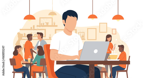 Man working on laptop in cafe, diverse group of people socializing in background. Perfect for blog posts, website banners, or articles about coworking spaces.