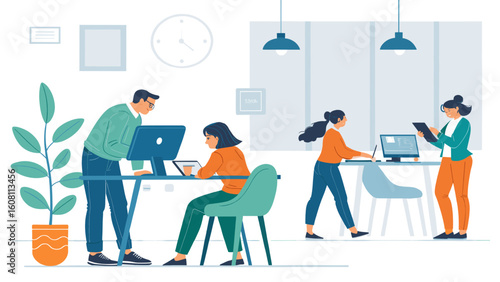 Modern office workers collaborating on projects, ideal for website banners or business presentations.