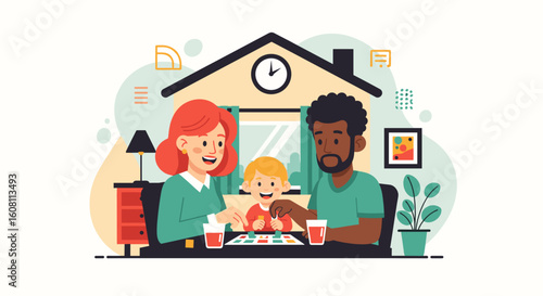 Happy family playing board games at home, perfect for family blogs and websites.