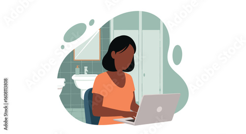 Woman working on laptop in a bathroom - perfect for articles about work-life balance or remote work.