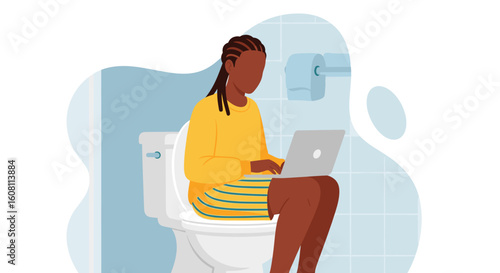 Woman working on laptop while sitting on toilet - Illustration for articles about work-life balance or remote work.