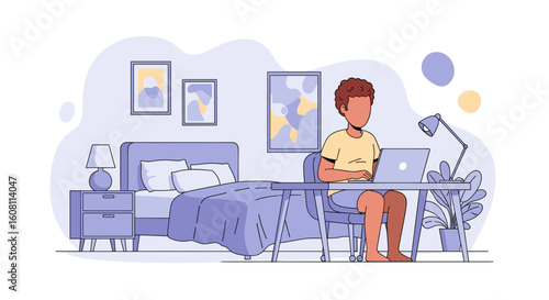 Person working from home on laptop in bedroom, perfect for remote work blogs or articles.