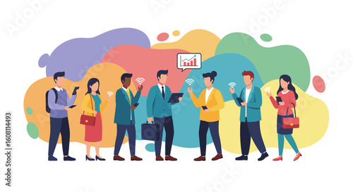 Diverse group of professionals using mobile devices and wireless technology, ideal for business presentations or website banners.