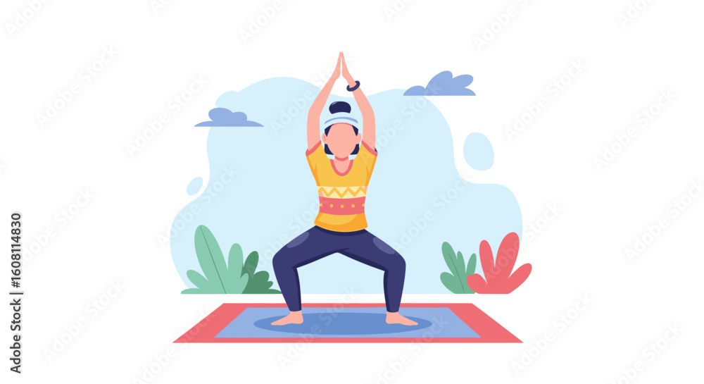 Fototapeta premium Woman practicing yoga outdoors, perfect for wellness websites or brochures.
