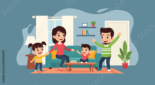 Happy family spending quality time together at home. Perfect for family blogs, parenting websites, or brochures.
