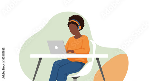 African American woman working on laptop, ideal for websites, blogs, and social media.
