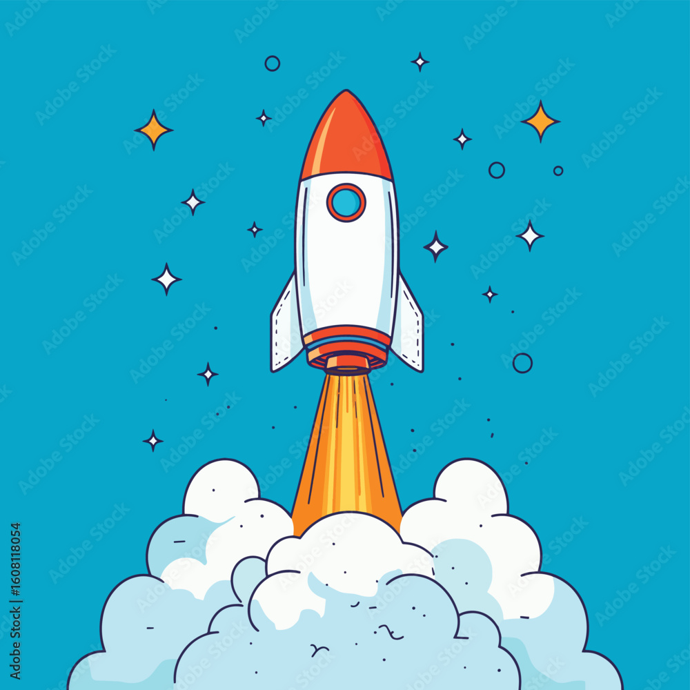 Fototapeta premium rocket launching up, vector flat line style concept illustration, vector style simple color