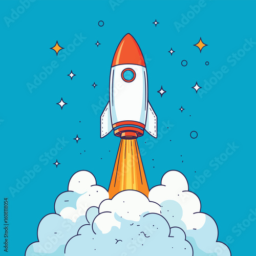 rocket launching up, vector flat line style concept illustration, vector style simple color
