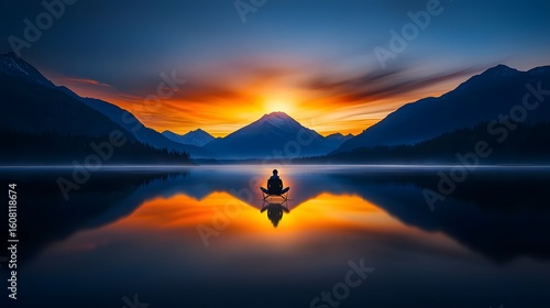 Serene mountain lake with a silhouetted figure in a tranquil sunset