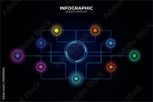 Wallpaper Mural Glowing infographic diagram for business process flowcharts or studies. 9 buttons options. Infographic with thin, colorful lines for websites or data presentations. Connected technology for big data. Torontodigital.ca