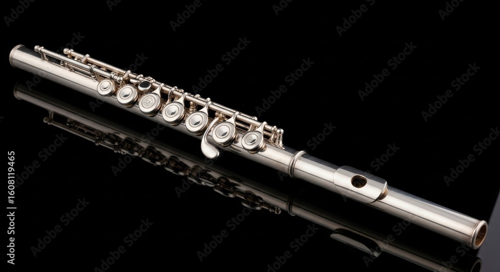 Obraz premium A shiny silver flute rests diagonally on a dark, reflective surface.