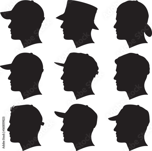 Male Head Silhouettes Various Headwear heads profile