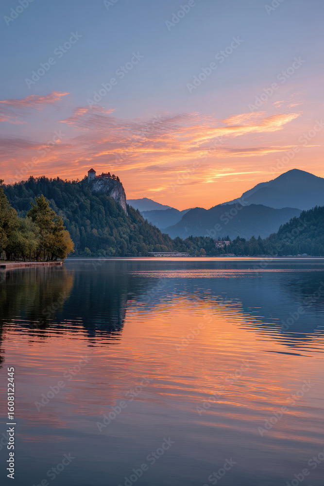 Fototapeta premium serene sunset over lake bled in slovenia showcasing vibrant colors reflecting in tranquil waters
