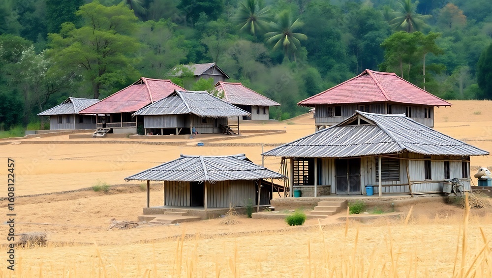 Dried fields and rustic village homes during the dry season in Laos Dried fields and rustic village homes during the dry season in Laos