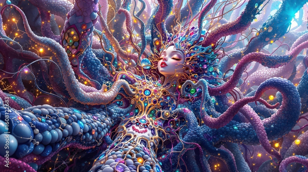 Obraz premium Dreamlike, mystical figure entwined with iridescent tentacles in a vibrant landscape