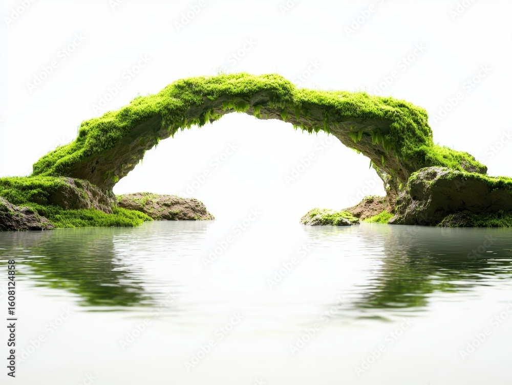 Fototapeta premium Natural moss covered arch bridge over calm water with reflection in a bright minimal landscape
