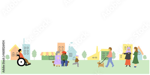いろいろな人々がいる街並みのかわいい手描きイラスト