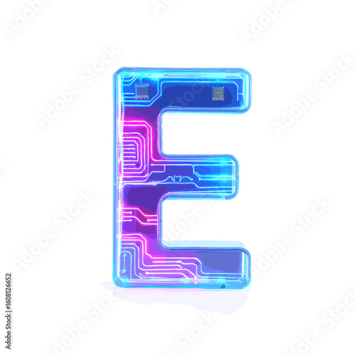 Vector art of illuminated letter e with circuit board design in pink and blue neon