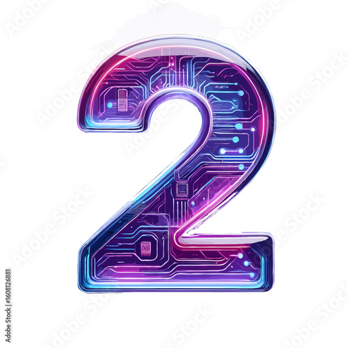 Vector art of futuristic number 2 with neon circuit board design on white background