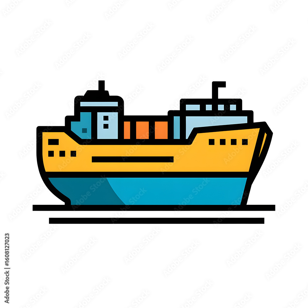 Fototapeta premium Colorful flat design of cargo ship transporting containers across sea.