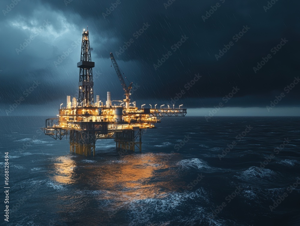 Fototapeta premium Offshore oil platform illuminated in stormy weather with dark sky and turbulent ocean scene