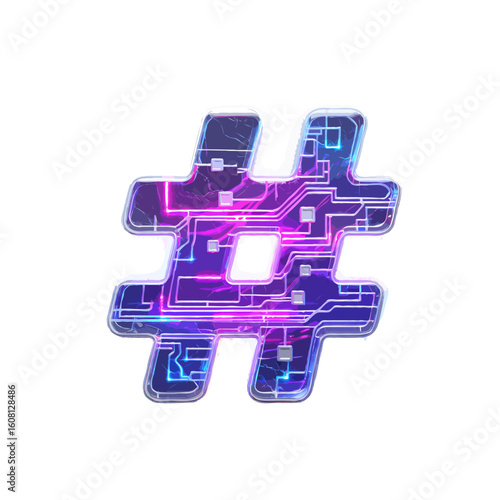 Vector art of futuristic hashtag symbol with neon circuit board design on white background