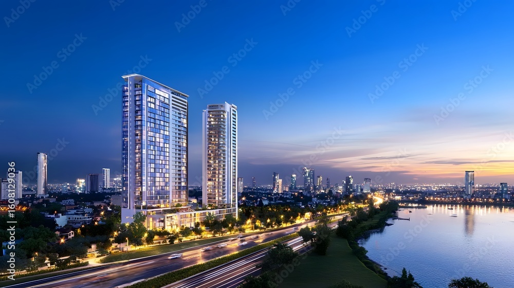 Obraz premium Vibrant urban skyline showcases real estate development and growth long title Towering skyscrapers and modern high rises line the