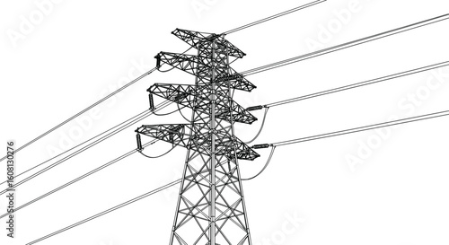 High voltage transmission tower, power lines in blue sky, energy grid infrastructure, electricity distribution, utility network, industrial engineering structure